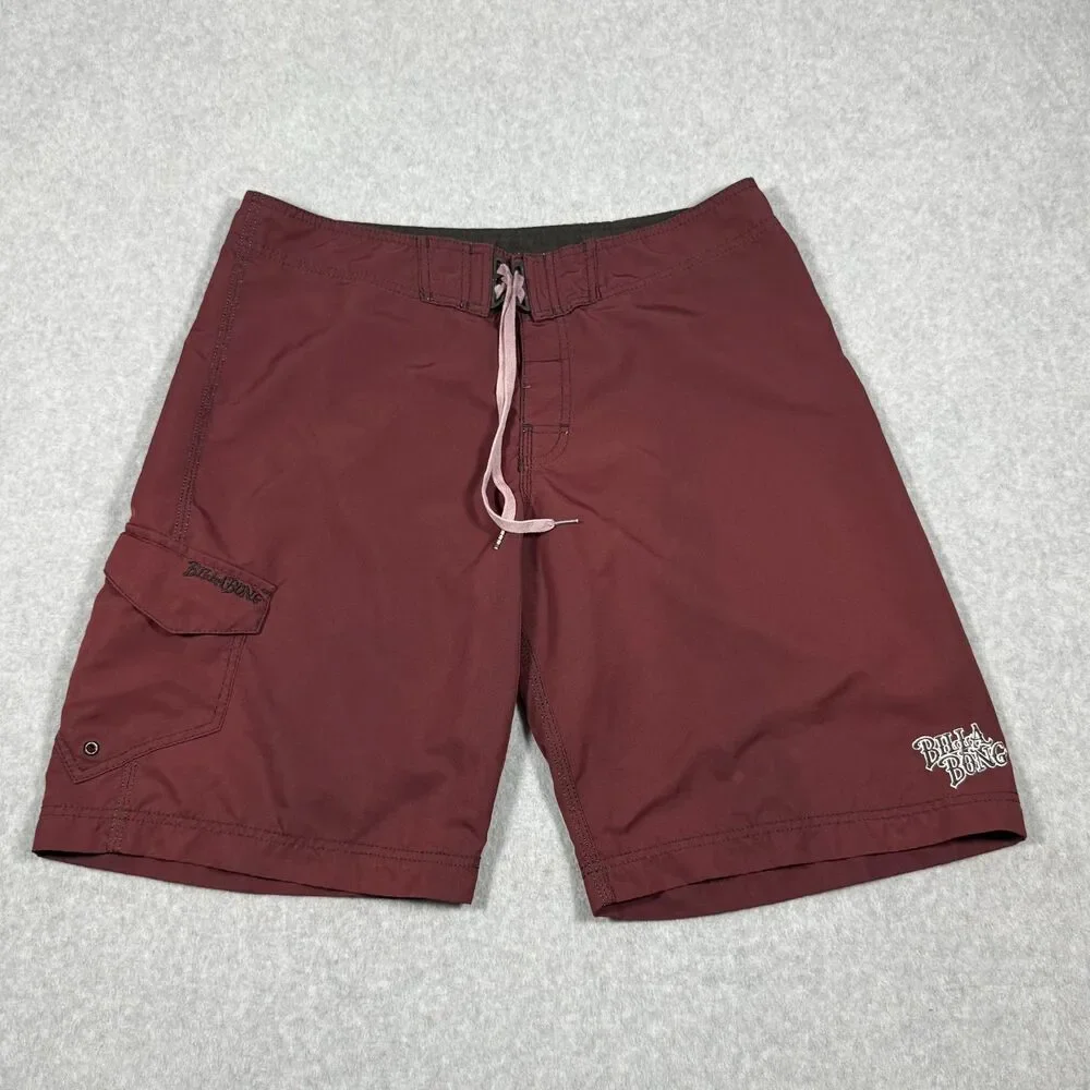 Vintage Y2K Era Billabong Maroon Polyester Cargo Board Shorts Size 36